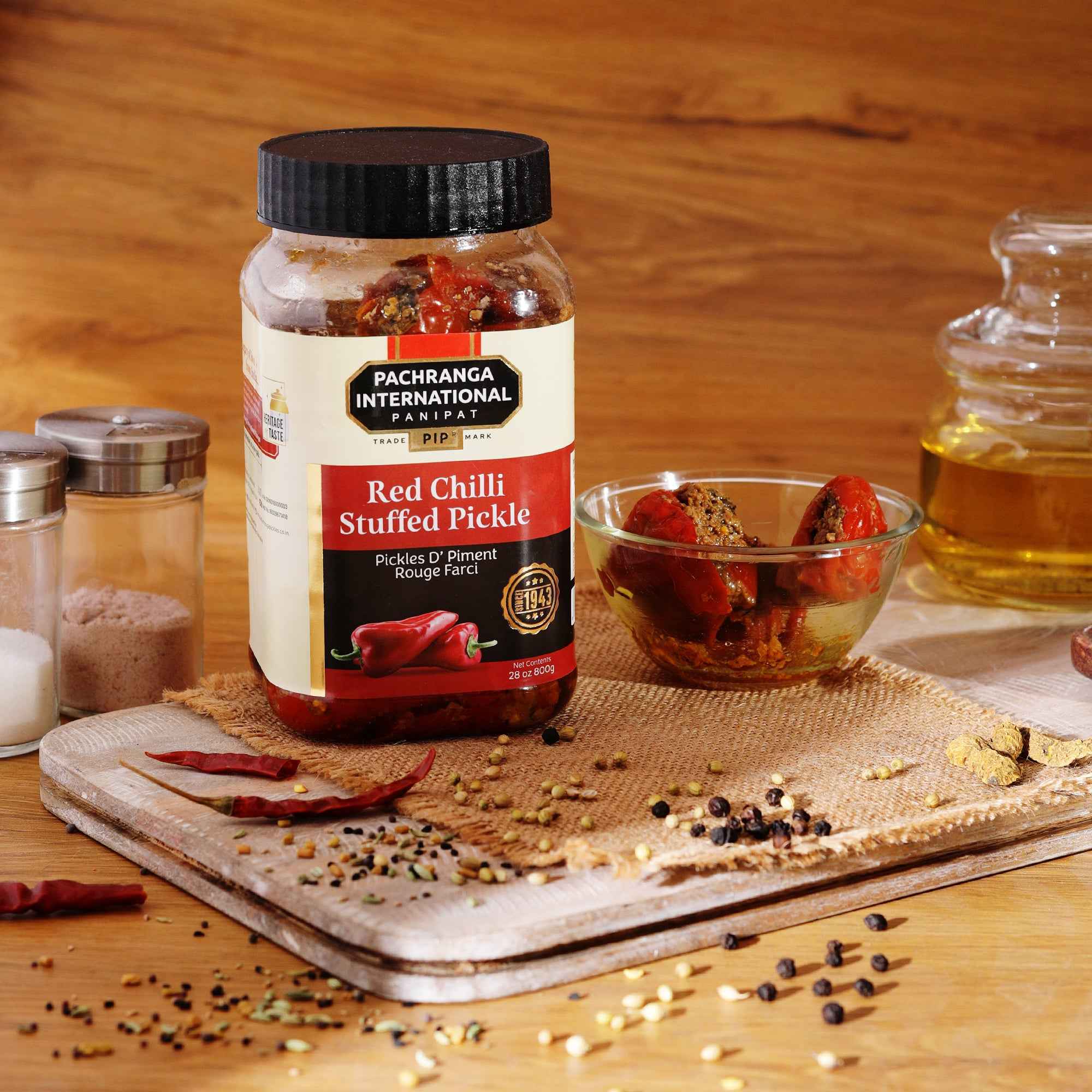 Red Chilli Stuffed Pickle (Olive Oil) - Pachranga International Pickles