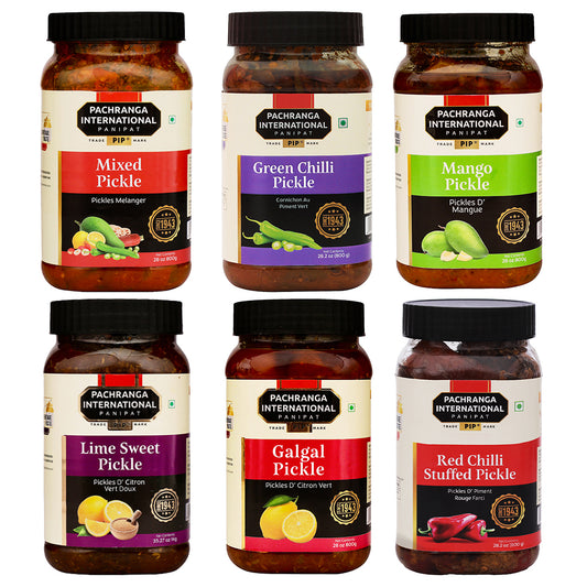 Pickle Combo: Mixed Pickle, Green Chilli Pickle, Mango Pickle, Lime Sweet Pickle, Galgal Pickle, & Red Chilli Stuffed Pickle